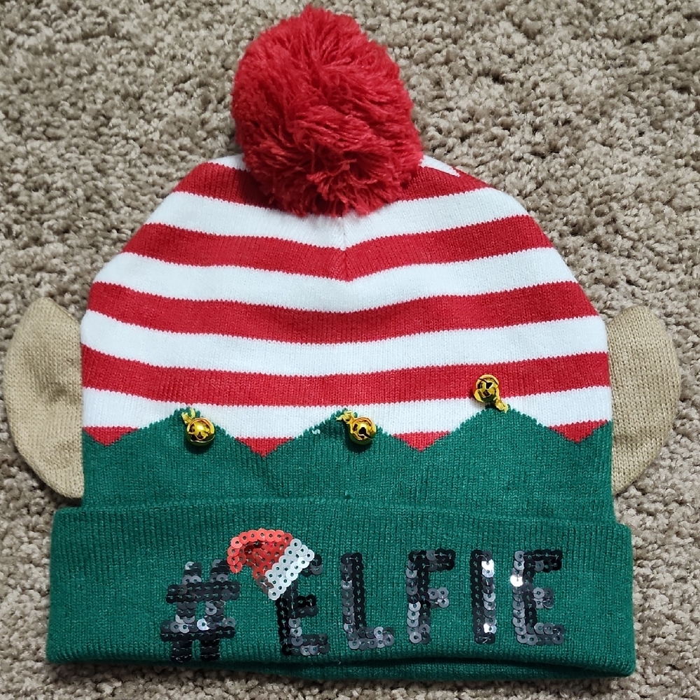 ELF "ELFIE" Striped Red and Green Holiday Beanie